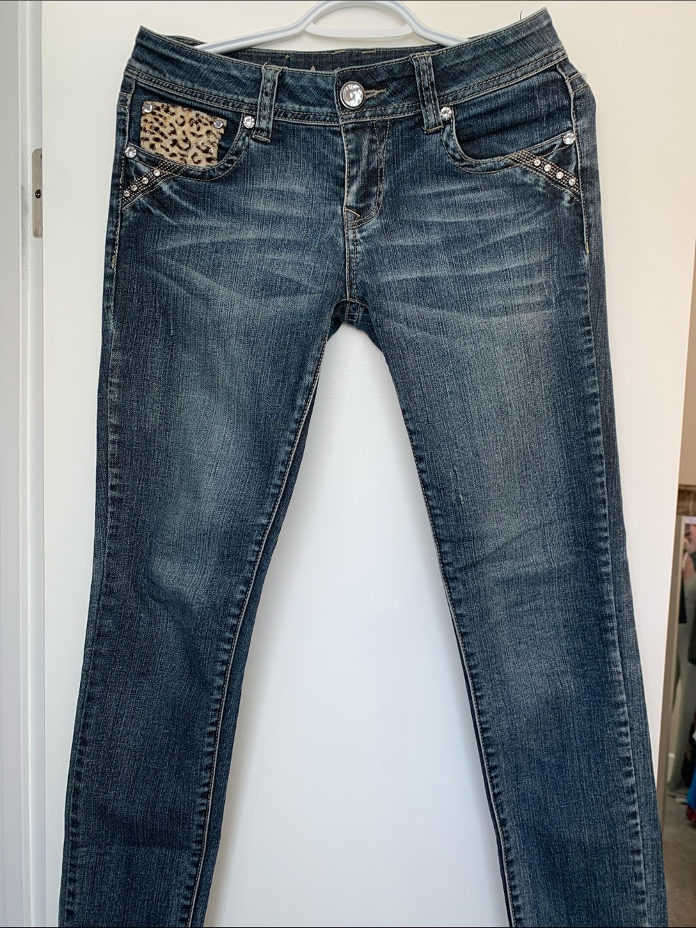 Women's Skinny Dark Blue Jeans with Leopard Pocket & Stud Details